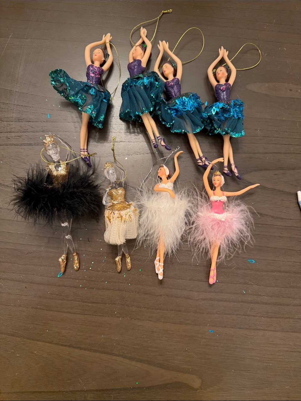 8 pc Ballerina Ornament Set - Teal, Purple, Gold, Black, White, Pink